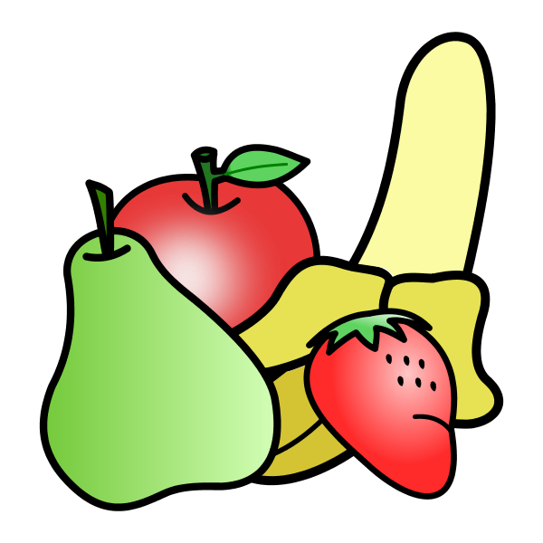 Tegnet illustration af frugt, heraf et æble, en pære, en banan og et jordbær